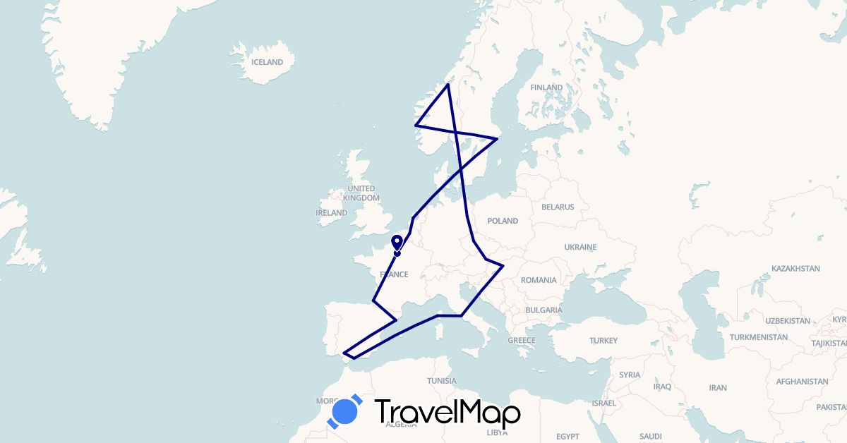 TravelMap itinerary: driving in Austria, Belgium, Czech Republic, Germany, Spain, France, Hungary, Italy, Netherlands, Norway, Sweden (Europe)